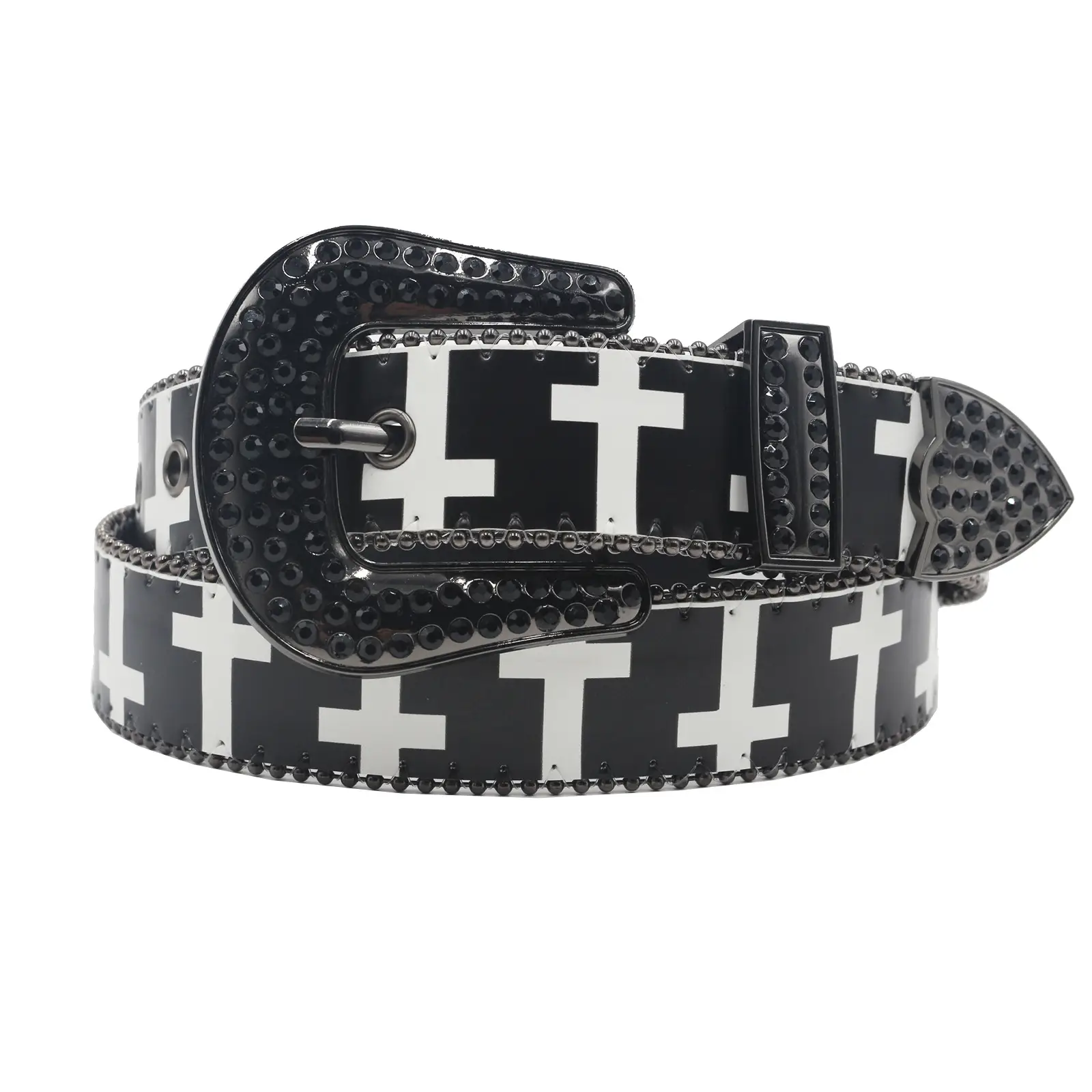 Black White Cross Rhinestone Belt Y2K PU Leather — feature 2