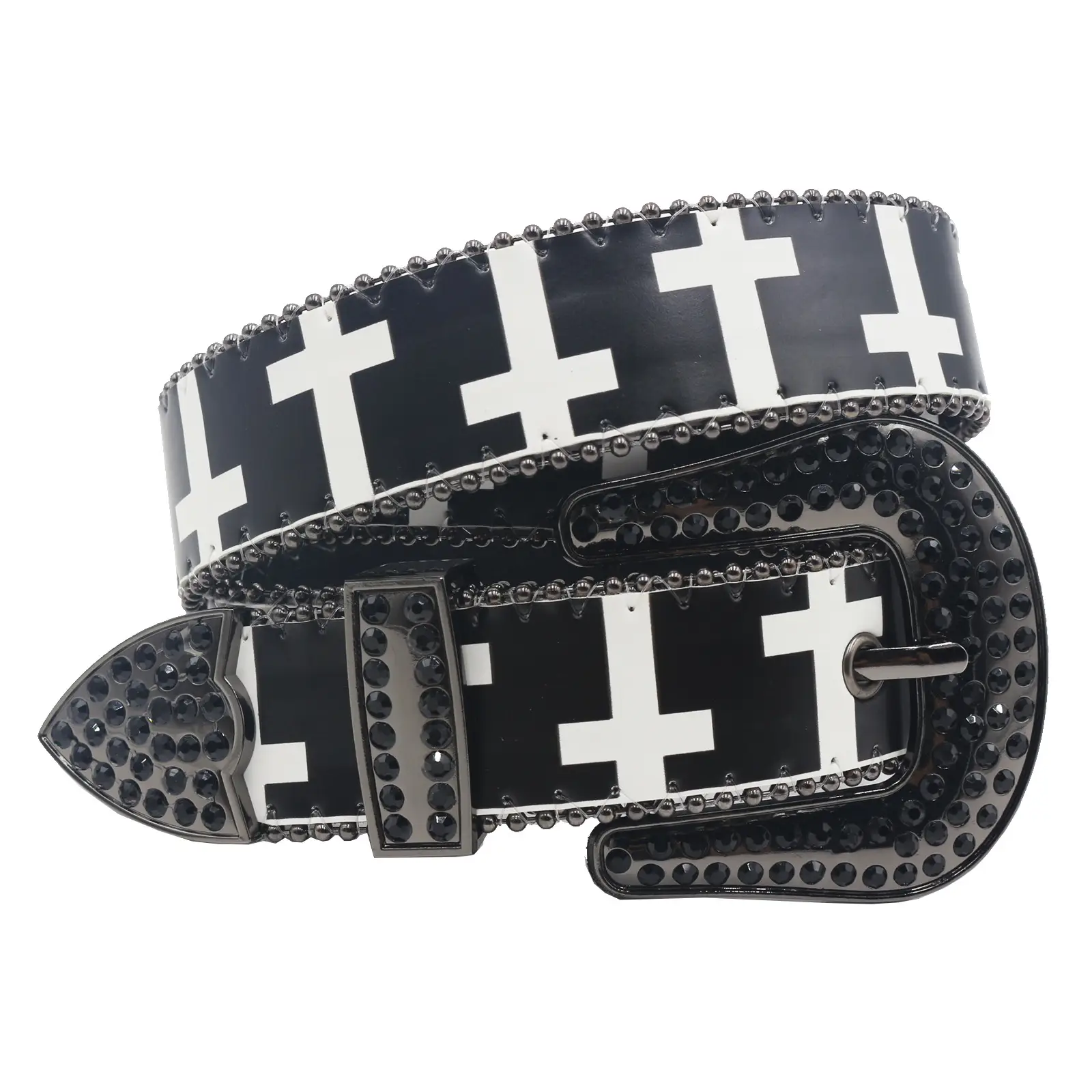 Black White Cross Rhinestone Belt Y2K PU Leather — feature 3