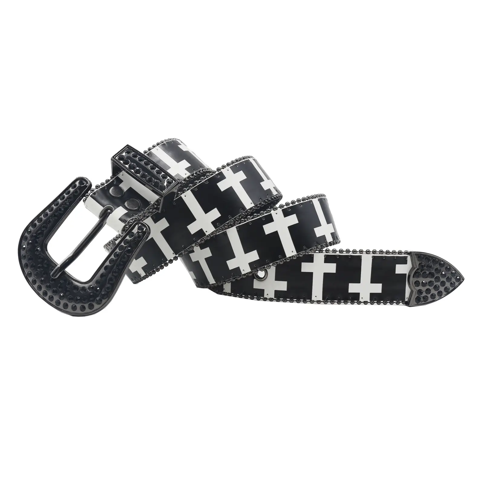 Black White Cross Rhinestone Belt Y2K PU Leather — feature 4