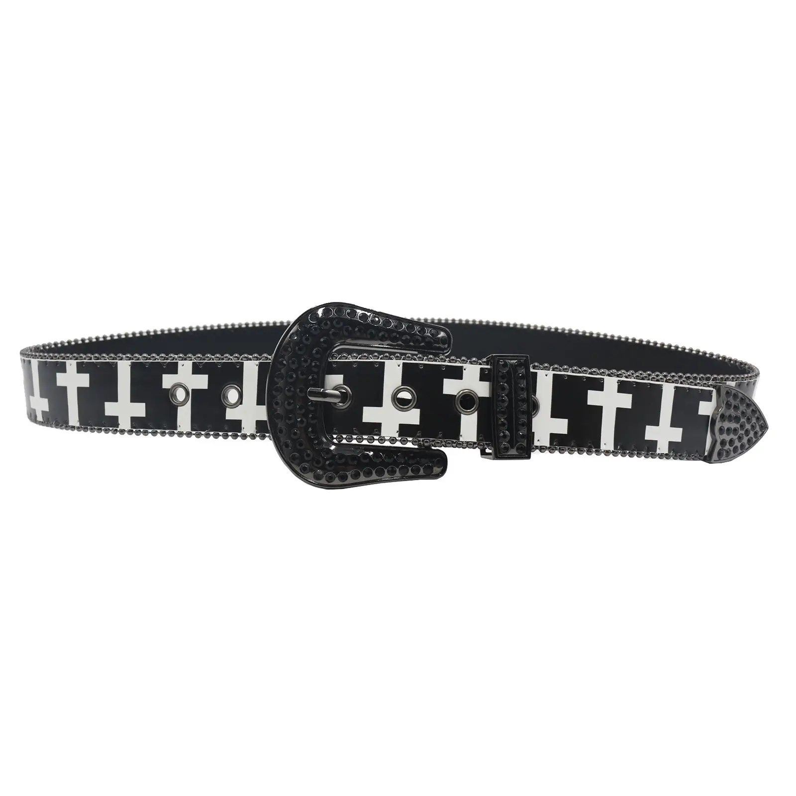 Black White Cross Rhinestone Belt Y2K PU Leather — feature 5