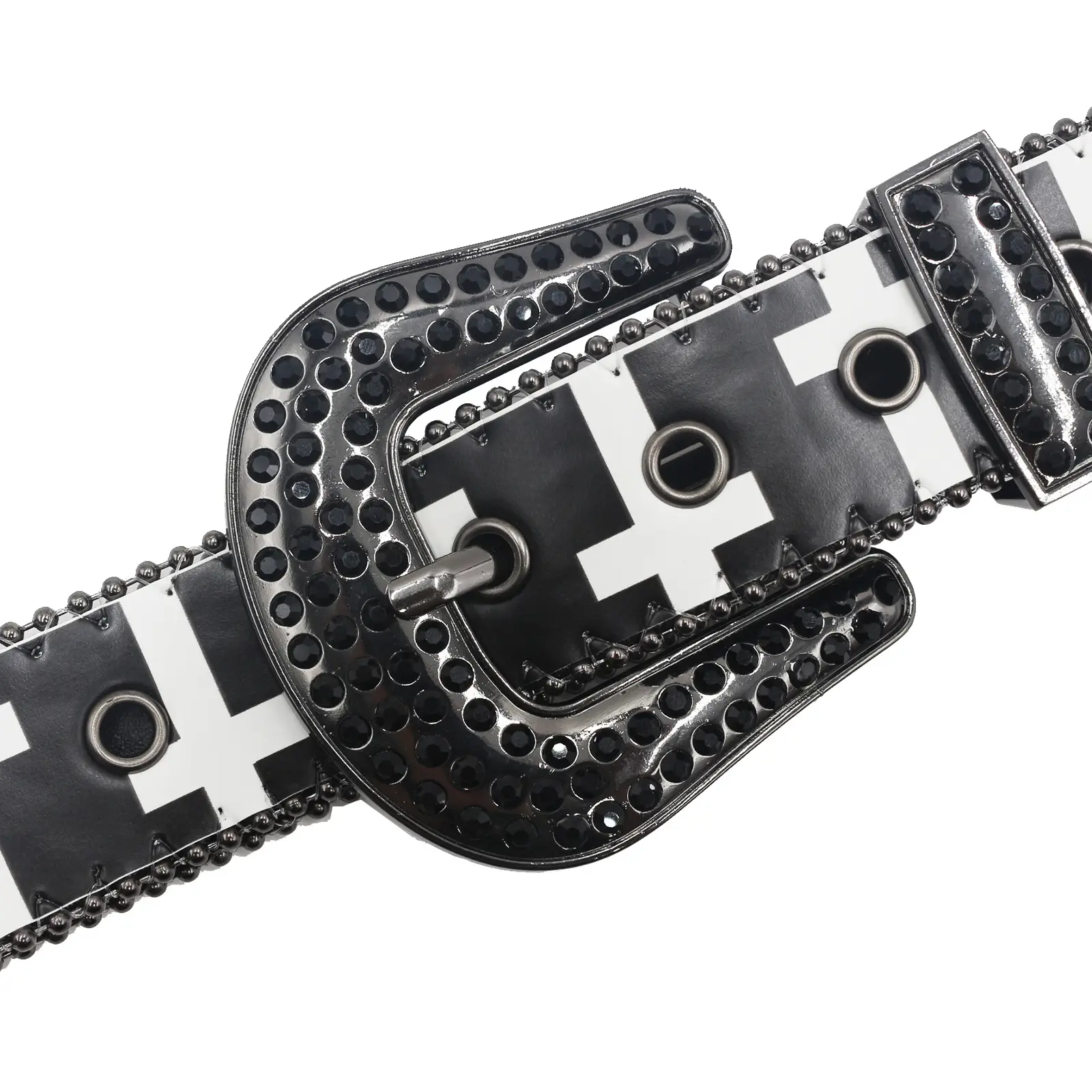 Black White Cross Rhinestone Belt Y2K PU Leather — feature 6