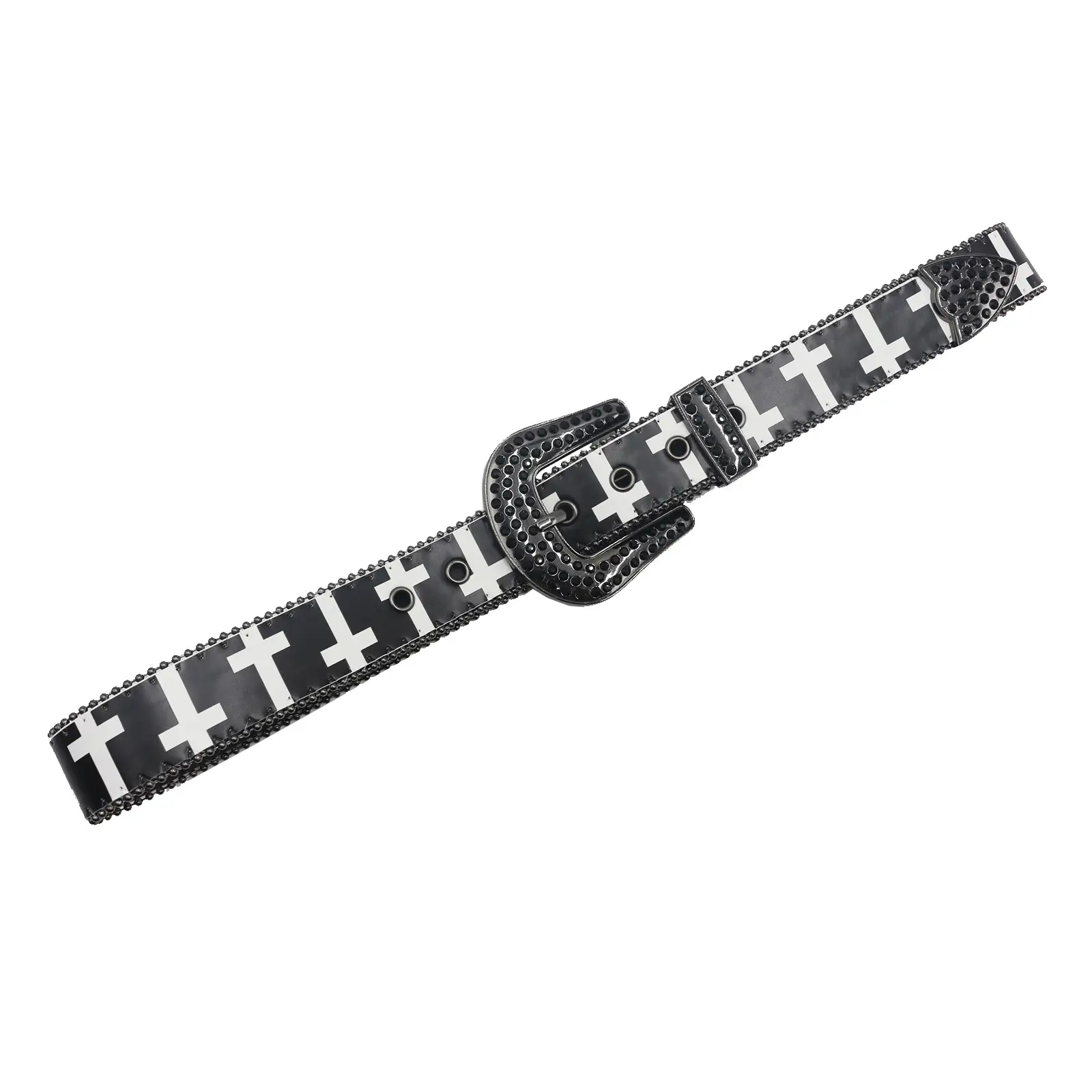 Black White Cross Rhinestone Belt Y2K PU Leather — feature 7