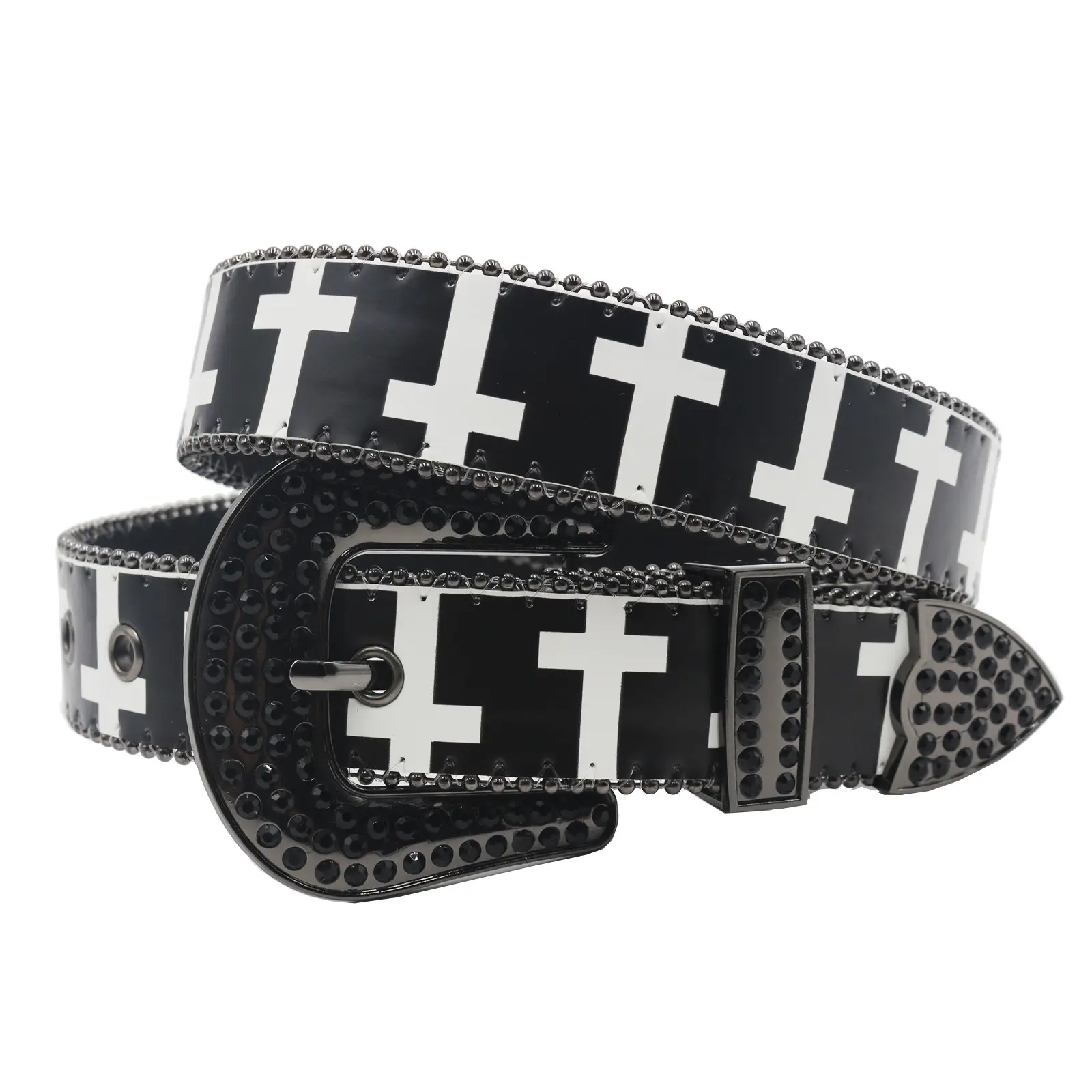 Black White Cross Rhinestone Belt Y2K PU Leather - Image 2