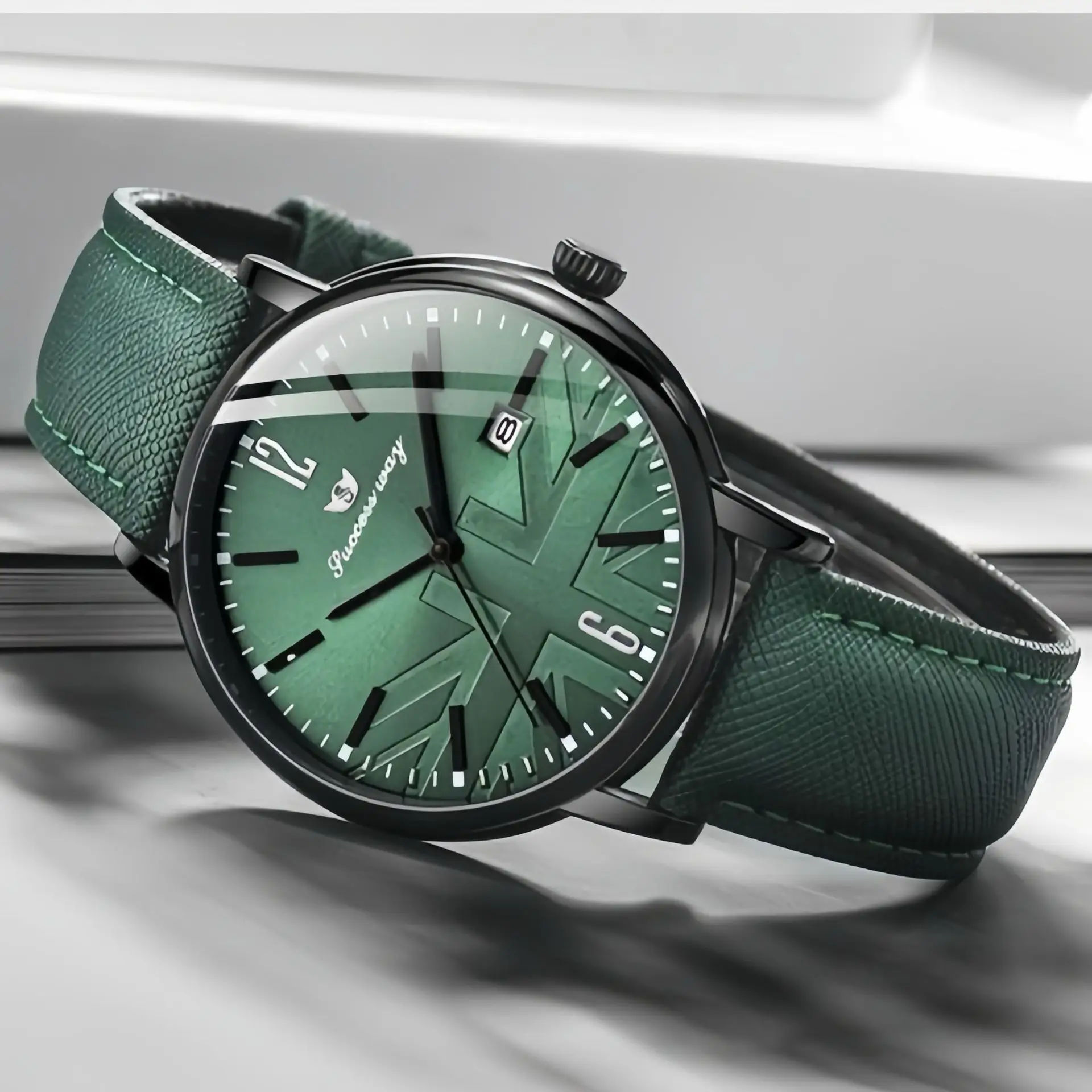 Men's Green Leather Watch with Date Display - Image 2