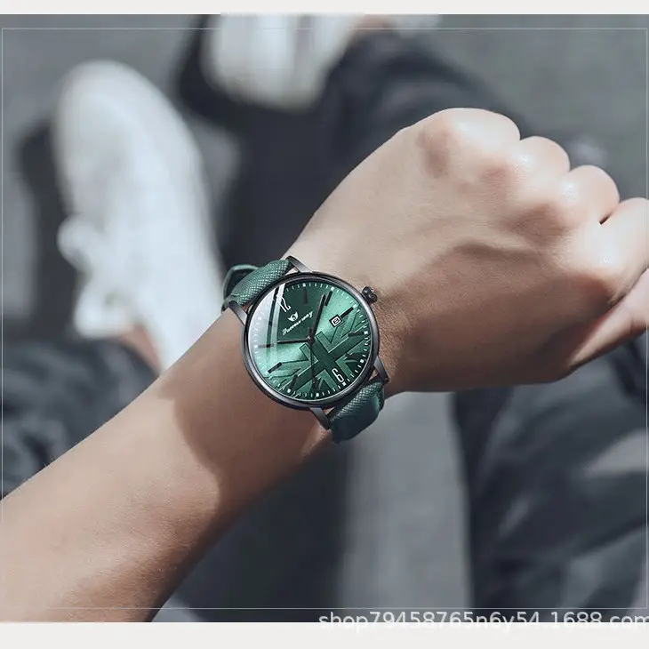 Men's Green Leather Watch with Date Display - Image 3