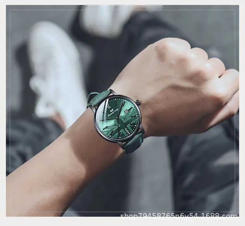 Men's Green Leather Watch with Date Display — feature 2
