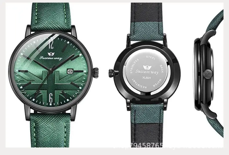 Men's Green Leather Watch with Date Display — feature 4