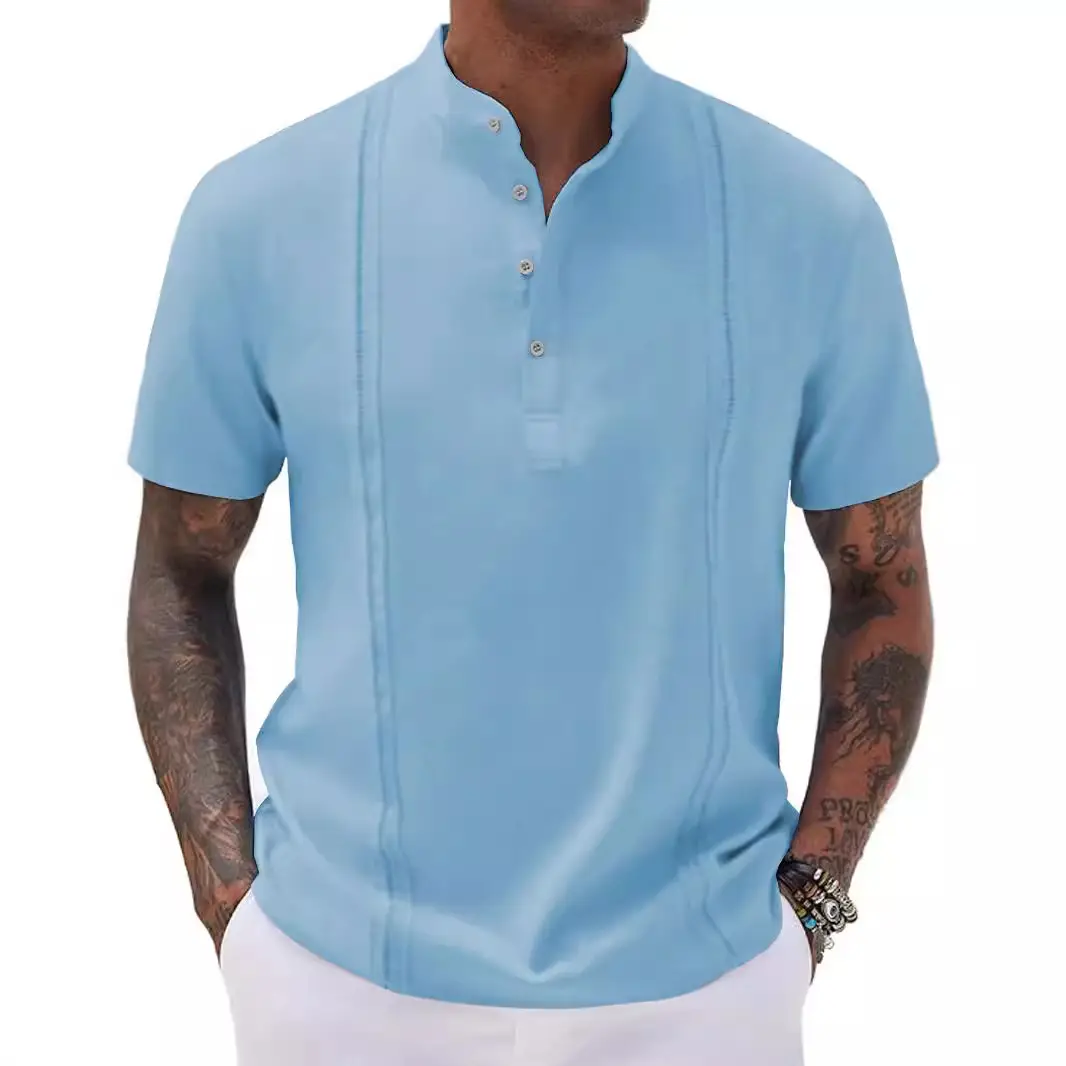 Men Light Blue Striped Half Cardigan Button Top T-Shirt 2026