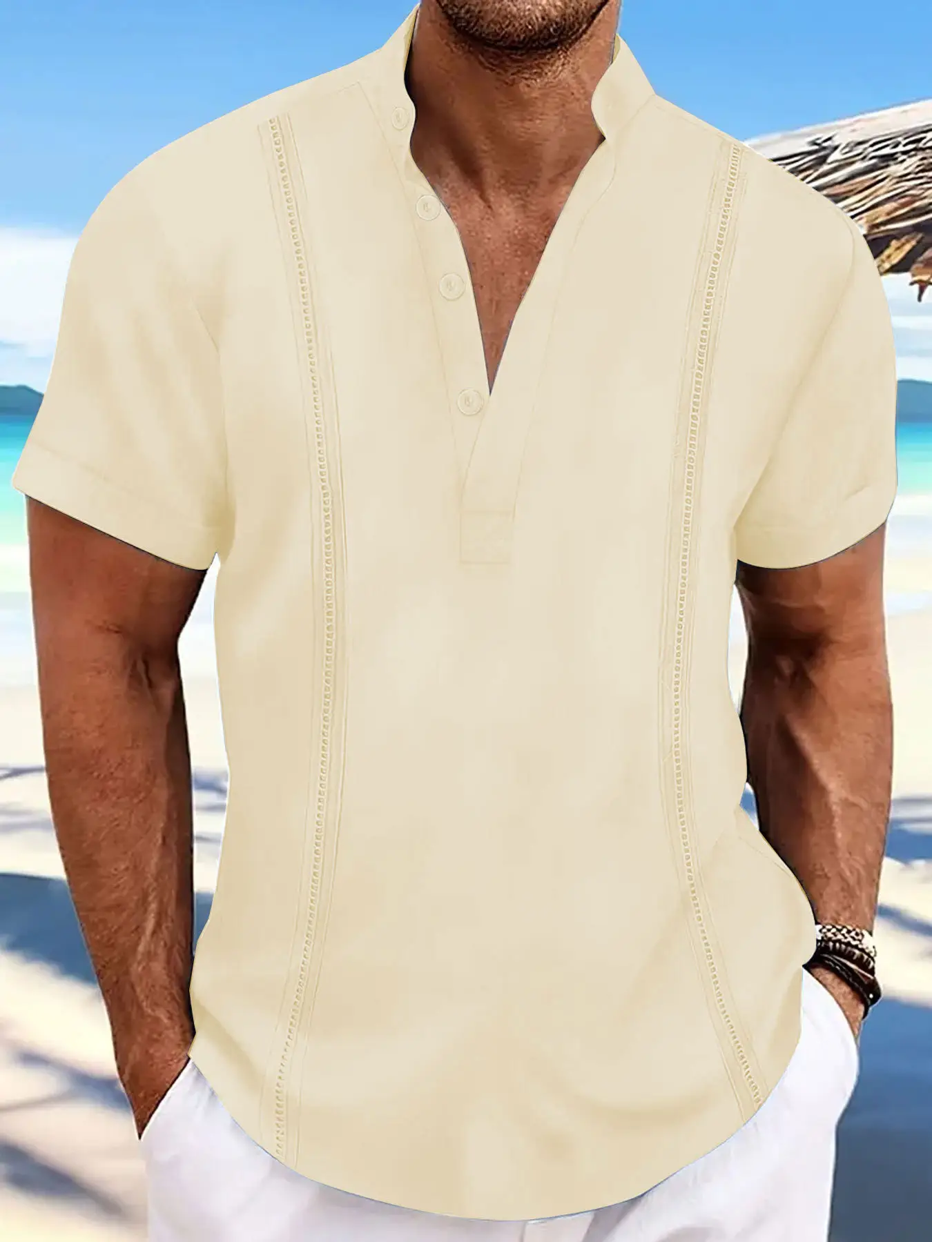 Men Light Blue Striped Half Cardigan Button Top T-Shirt 2026 — feature 4