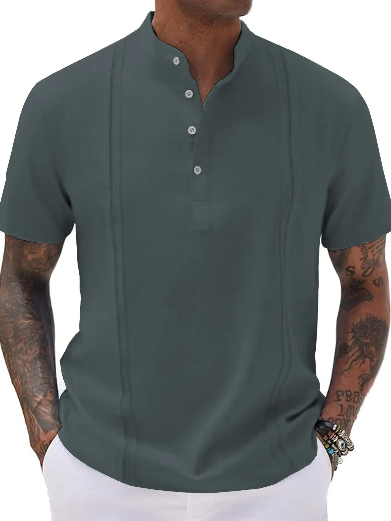 Men Light Blue Striped Half Cardigan Button Top T-Shirt 2026 — feature 7