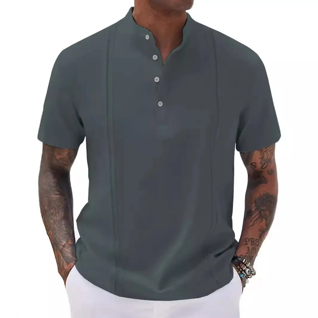 Men Light Blue Striped Half Cardigan Button Top T-Shirt 2026