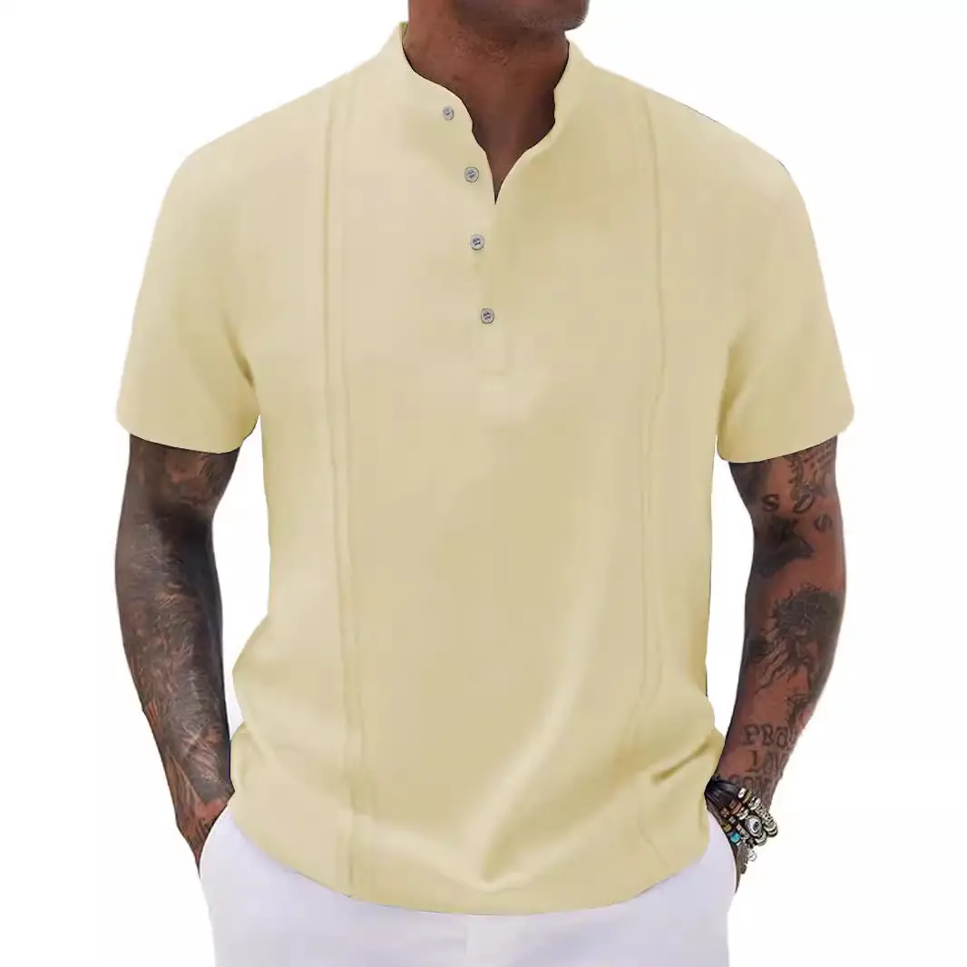 Men Light Blue Striped Half Cardigan Button Top T-Shirt 2026