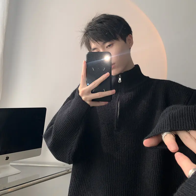 Men's Black Half Zip Sweater Jacket Lazy Style — feature 12