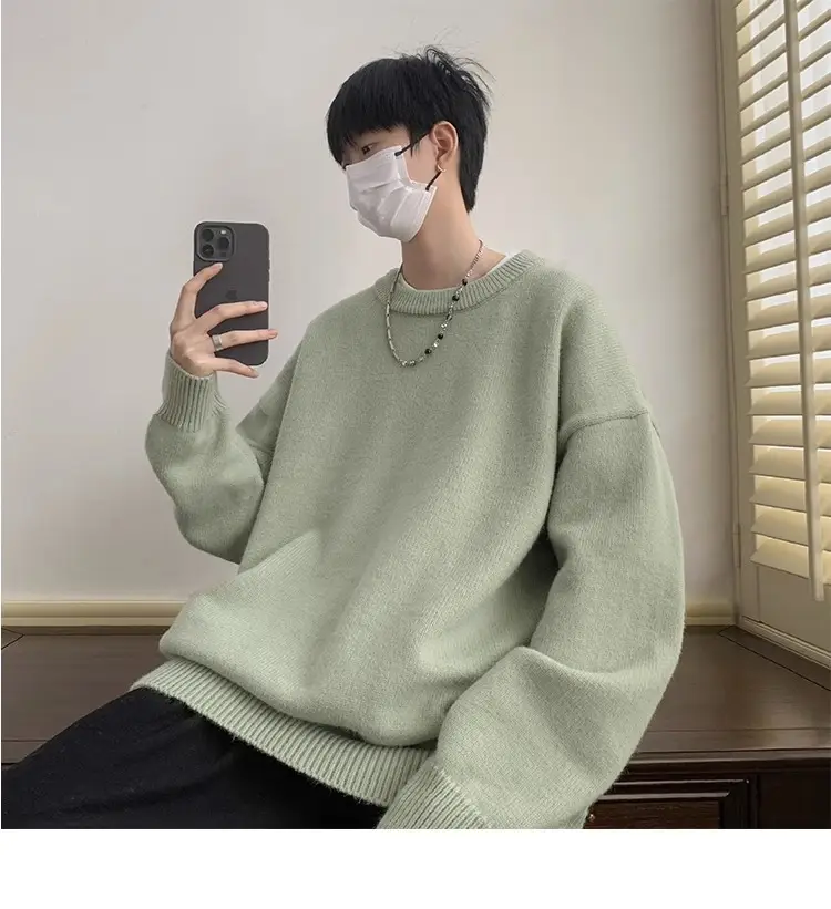 Autumn Winter Crewneck Sweater for Boys Solid Green — feature 3