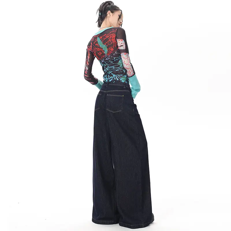 Young Orange American Style Retro Dark Blue Wide Leg Jeans Women's High Waist Slimming Abdominal Tinting All-match Straight Pants