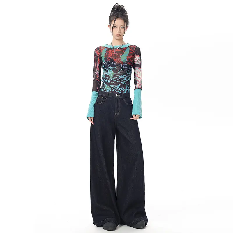 Young Orange American Style Retro Dark Blue Wide Leg Jeans Women's High Waist Slimming Abdominal Tinting All-match Straight Pants