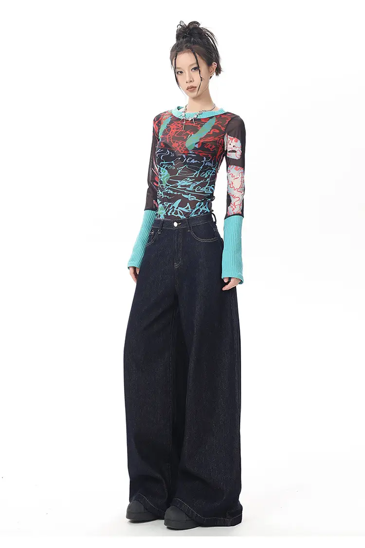 Young Orange American Style Retro Dark Blue Wide Leg Jeans Women's High Waist Slimming Abdominal Tinting All-match Straight Pants — feature 11