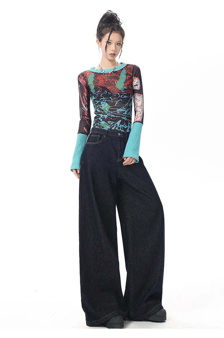 Young Orange American Style Retro Dark Blue Wide Leg Jeans Women's High Waist Slimming Abdominal Tinting All-match Straight Pants — feature 13