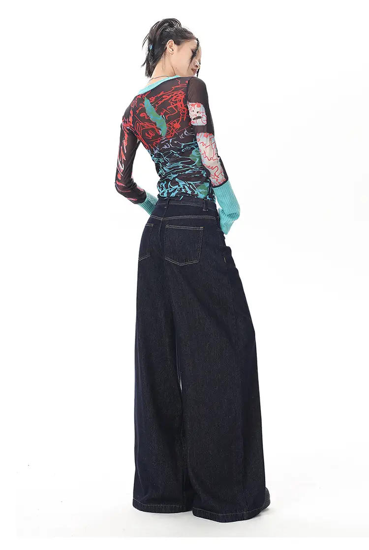 Young Orange American Style Retro Dark Blue Wide Leg Jeans Women's High Waist Slimming Abdominal Tinting All-match Straight Pants — feature 14