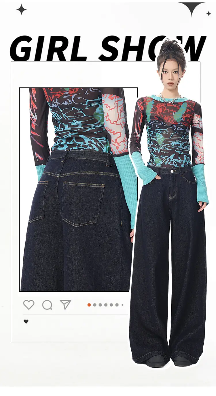 Young Orange American Style Retro Dark Blue Wide Leg Jeans Women's High Waist Slimming Abdominal Tinting All-match Straight Pants — feature 3