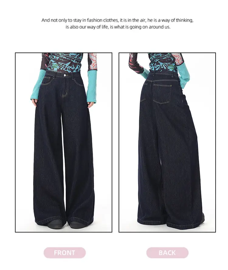Young Orange American Style Retro Dark Blue Wide Leg Jeans Women's High Waist Slimming Abdominal Tinting All-match Straight Pants — feature 4