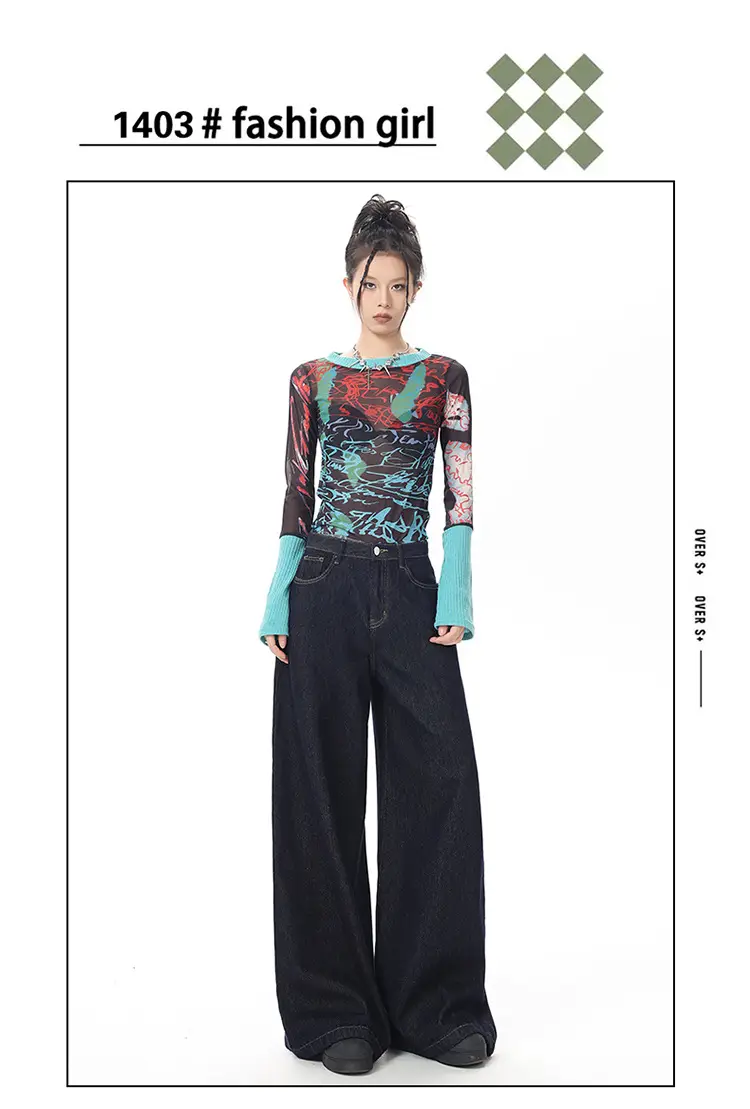 Young Orange American Style Retro Dark Blue Wide Leg Jeans Women's High Waist Slimming Abdominal Tinting All-match Straight Pants — feature 5
