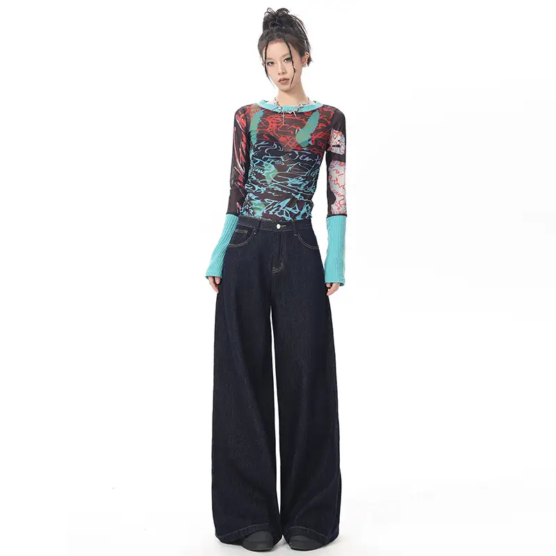 Young Orange American Style Retro Dark Blue Wide Leg Jeans Women's High Waist Slimming Abdominal Tinting All-match Straight Pants