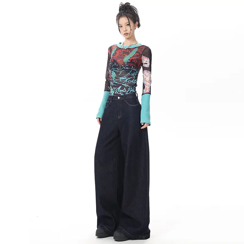 Young Orange American Style Retro Dark Blue Wide Leg Jeans Women's High Waist Slimming Abdominal Tinting All-match Straight Pants