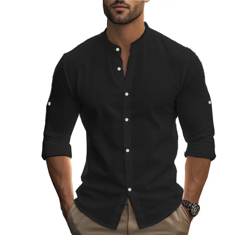 Men's Black Long Sleeve Collar Shirt Cotton Slim Fit
