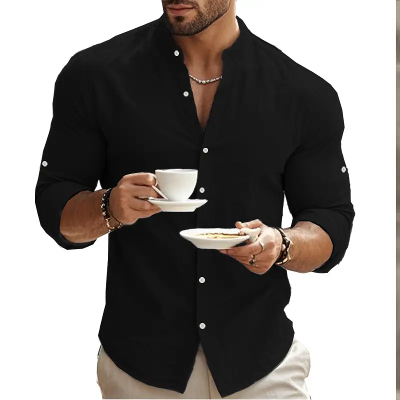 Men's Black Long Sleeve Collar Shirt Cotton Slim Fit — feature 13
