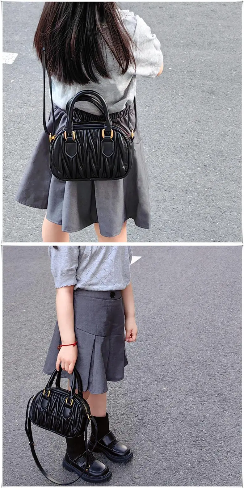 Black Pleated Shoulder Bag for Girls Princess Design — feature 8