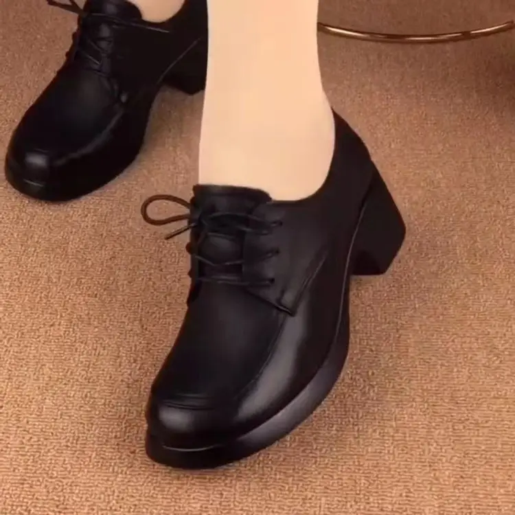 Single-layer shoes women's 2024 autumn new fashion versatile lace-up round head thick heel British-style mother's small leather shoes - Image 3