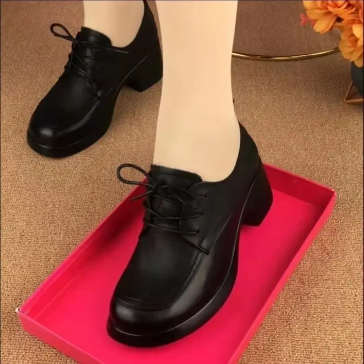Single-layer shoes women's 2024 autumn new fashion versatile lace-up round head thick heel British-style mother's small leather shoes — feature 11