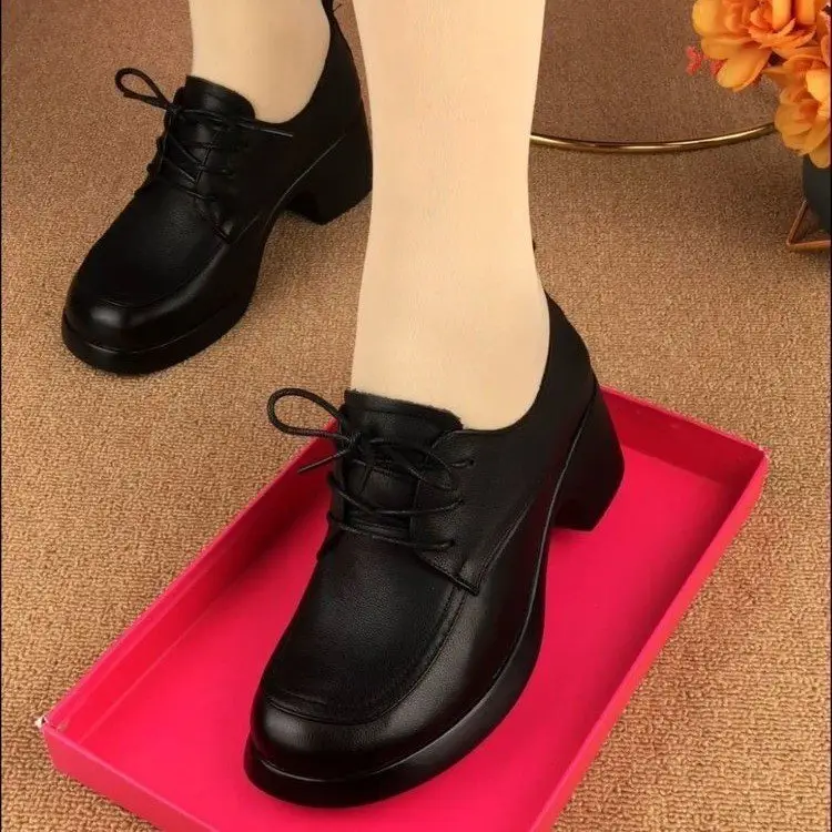 Single-layer shoes women's 2024 autumn new fashion versatile lace-up round head thick heel British-style mother's small leather shoes — feature 3
