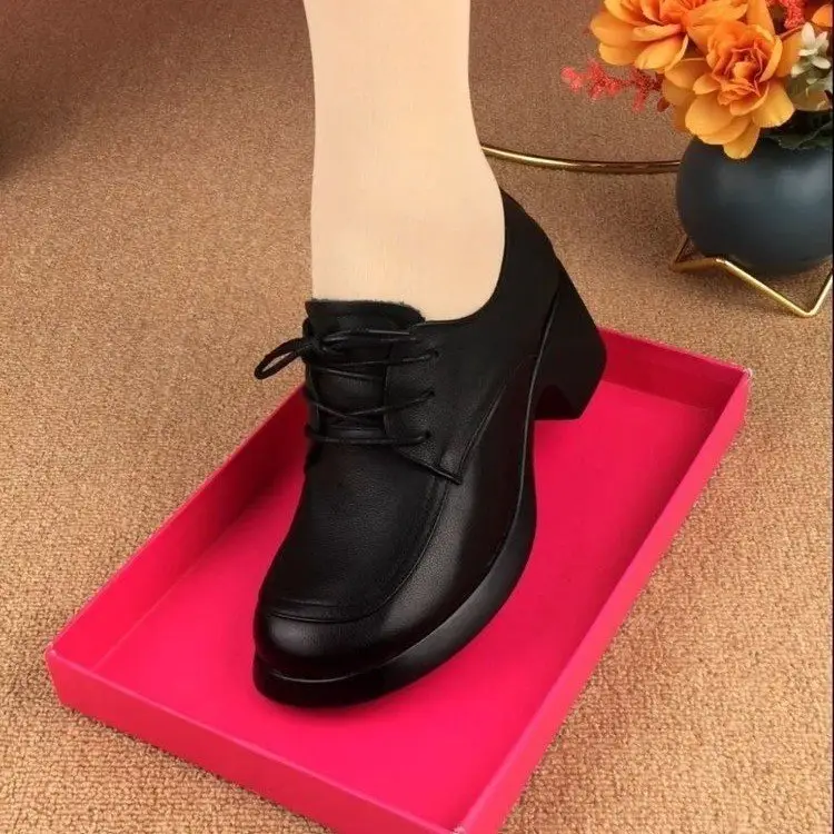 Single-layer shoes women's 2024 autumn new fashion versatile lace-up round head thick heel British-style mother's small leather shoes — feature 4