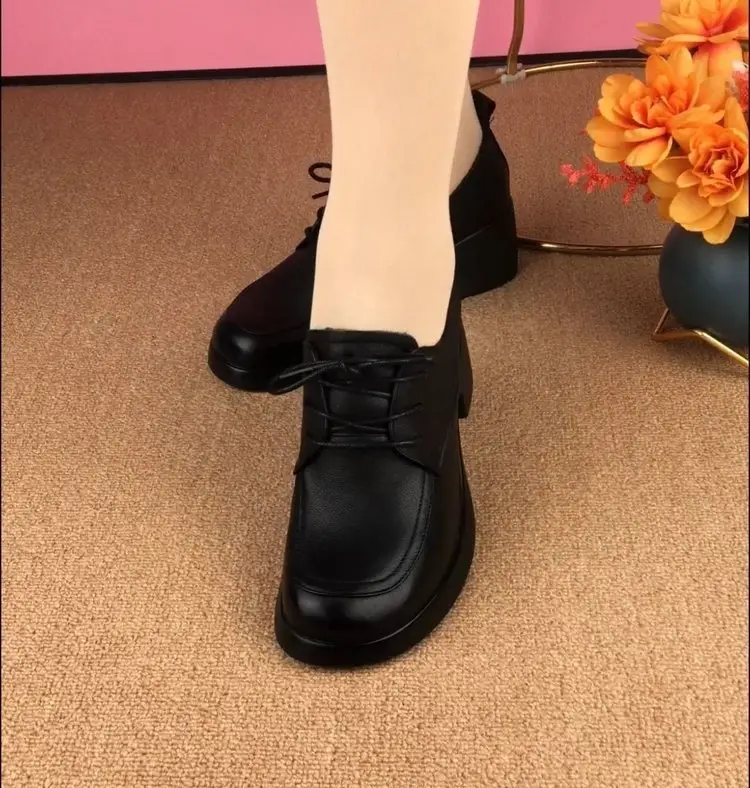 Single-layer shoes women's 2024 autumn new fashion versatile lace-up round head thick heel British-style mother's small leather shoes — feature 7