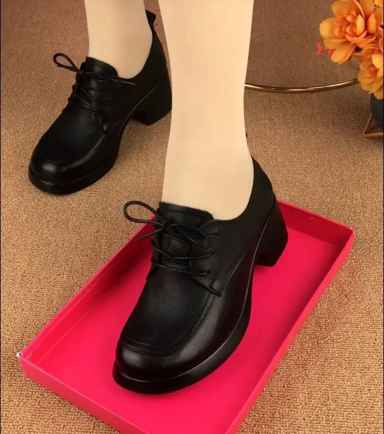 Single-layer shoes women's 2024 autumn new fashion versatile lace-up round head thick heel British-style mother's small leather shoes — feature 8