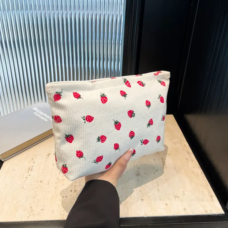 Strawberry Print Corduroy Shoulder Bag Large Capacity