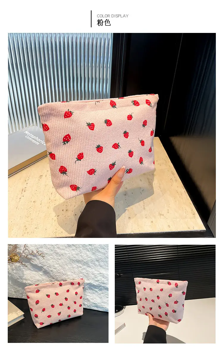 Strawberry Print Corduroy Shoulder Bag Large Capacity — feature 17
