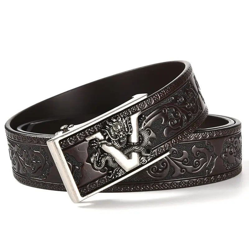 Black Carved Leather Belt with Dragon Embroidery - Image 7