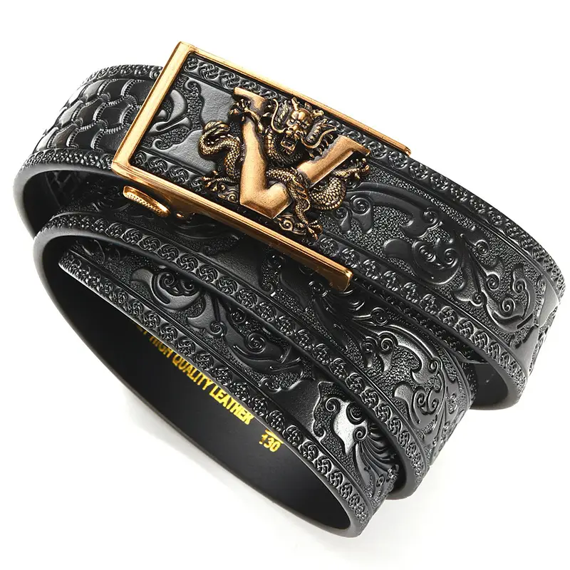 Black Carved Leather Belt with Dragon Embroidery — feature 10