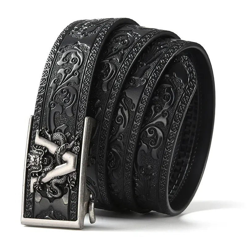 Black Carved Leather Belt with Dragon Embroidery — feature 12