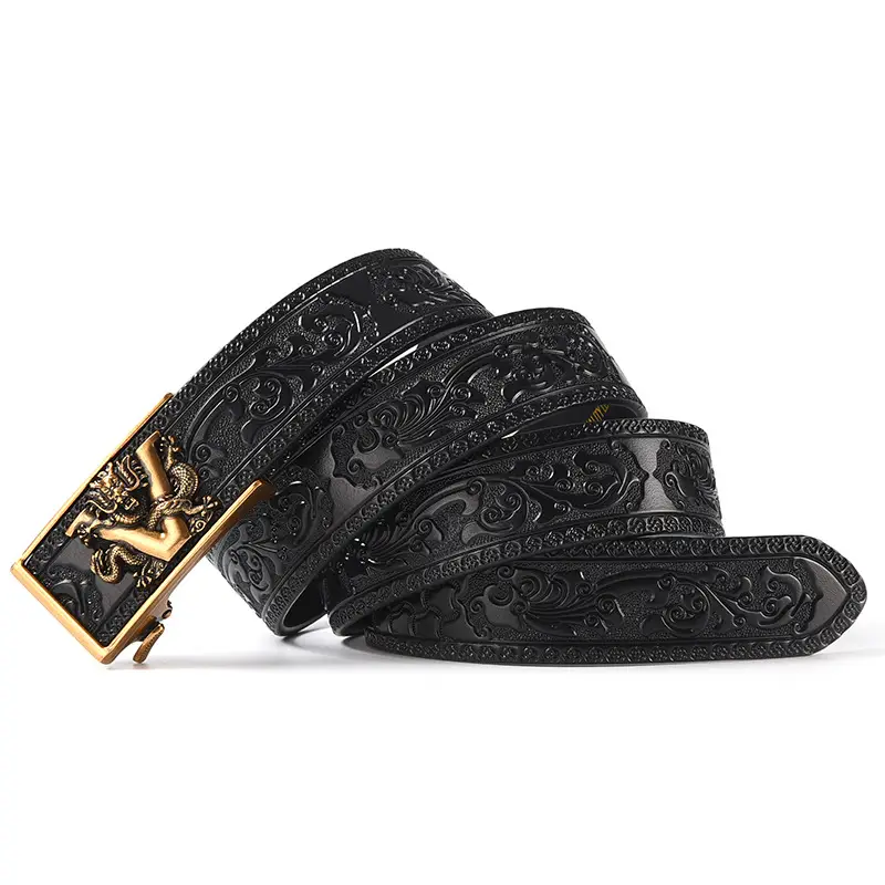 Black Carved Leather Belt with Dragon Embroidery — feature 13