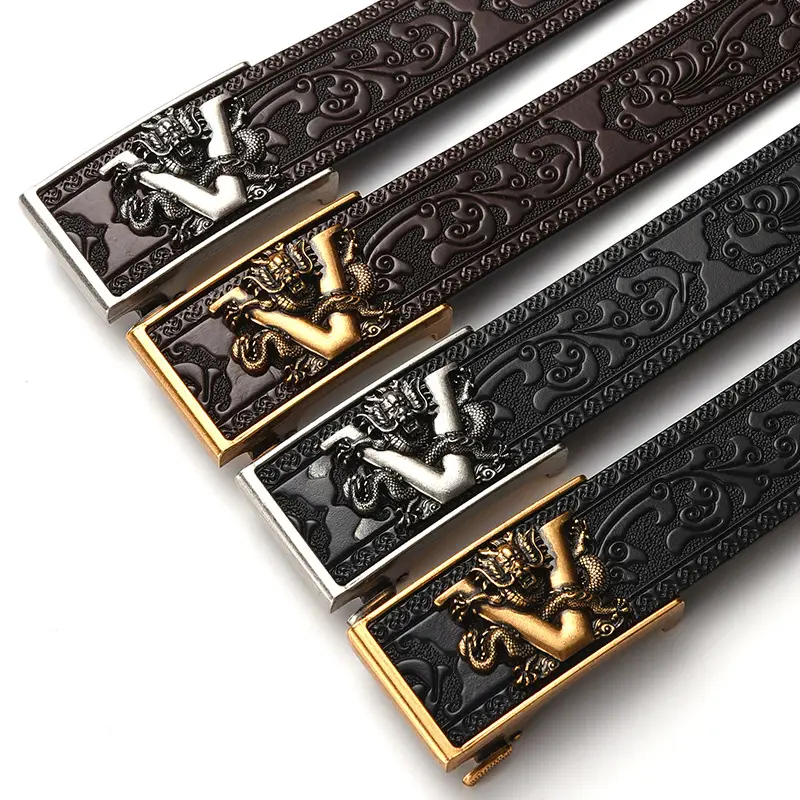Black Carved Leather Belt with Dragon Embroidery — feature 6