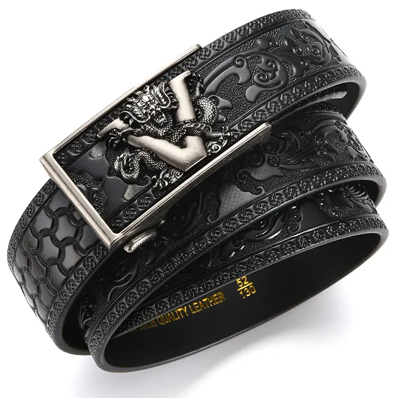 Black Carved Leather Belt with Dragon Embroidery — feature 8