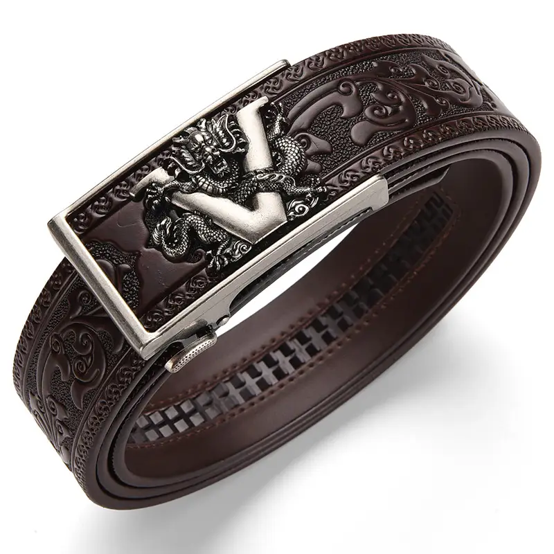 Black Carved Leather Belt with Dragon Embroidery — feature 9