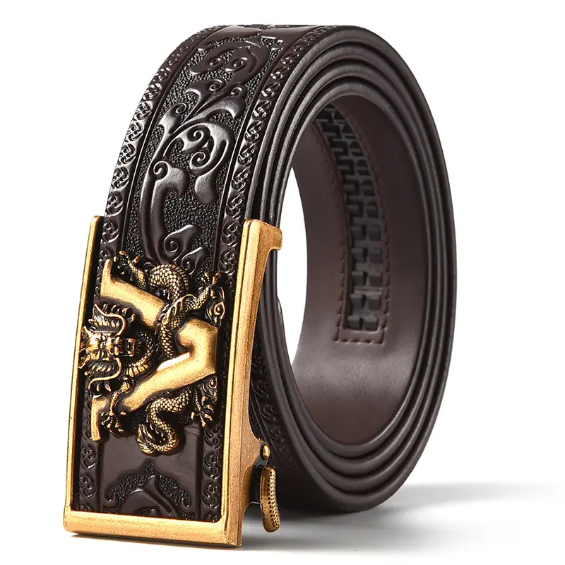 Black Carved Leather Belt with Dragon Embroidery - Image 2