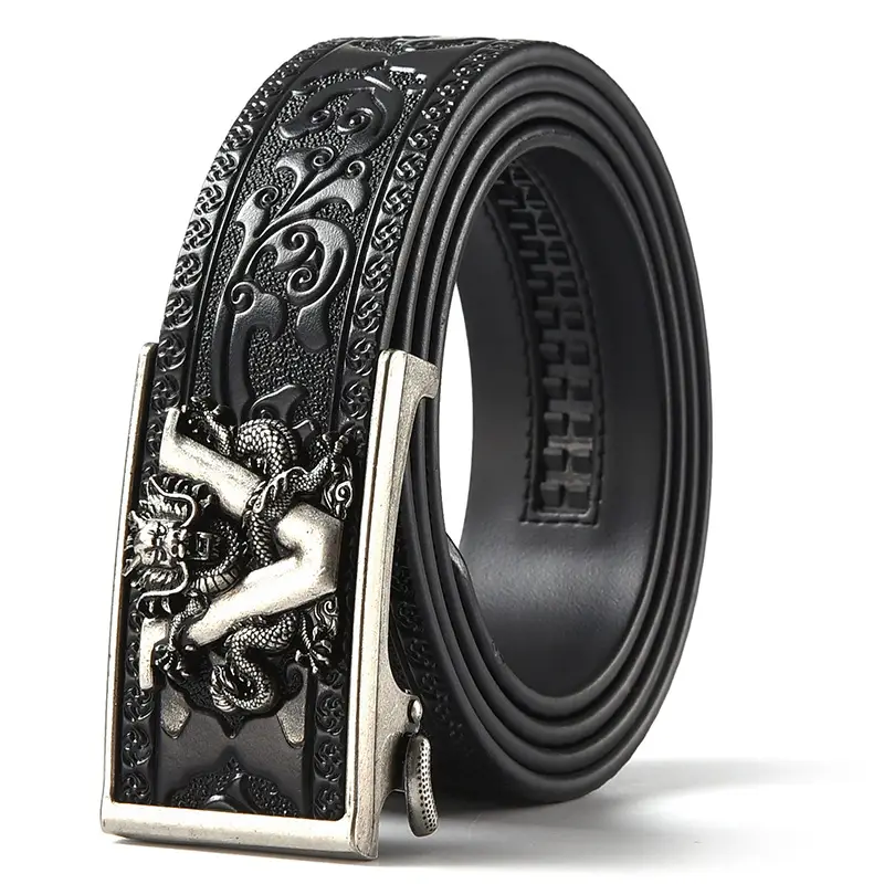 Black Carved Leather Belt with Dragon Embroidery - Image 3