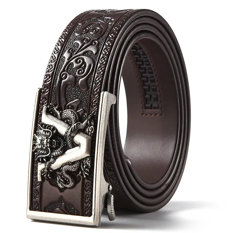 Black Carved Leather Belt with Dragon Embroidery - Image 4