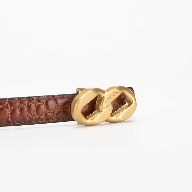 Gold Plated Women's Leather Belt with Double Chain Closure - Image 7